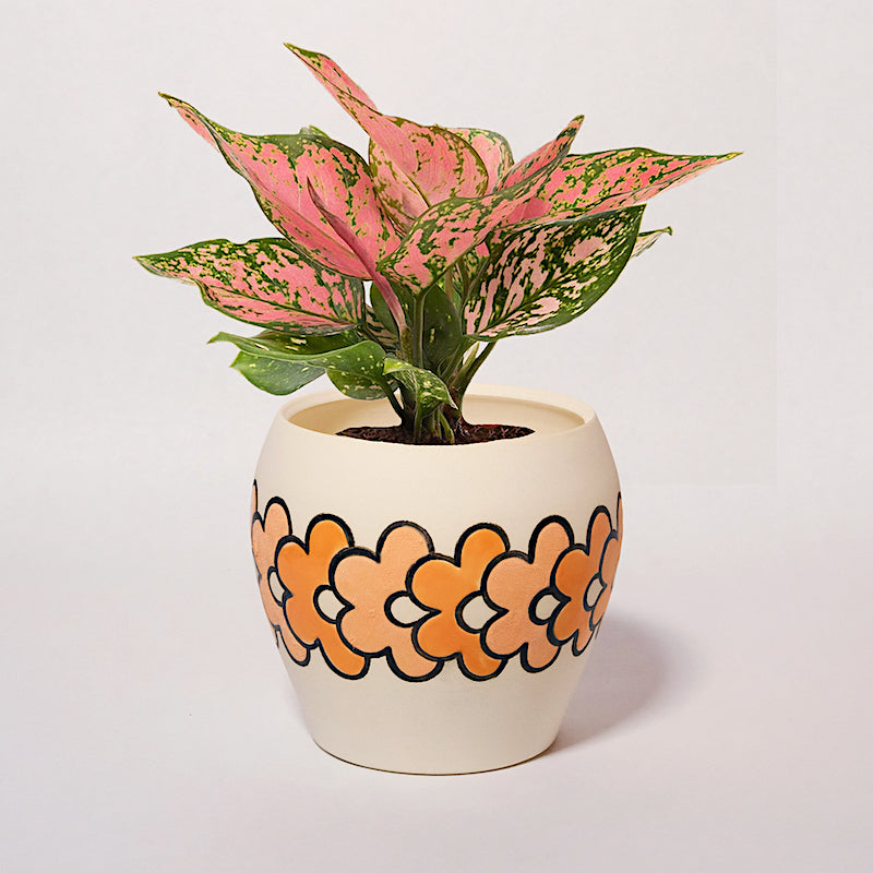 Made-to-Order Glazed Stoneware Planter with Overlapping Flower Pattern
