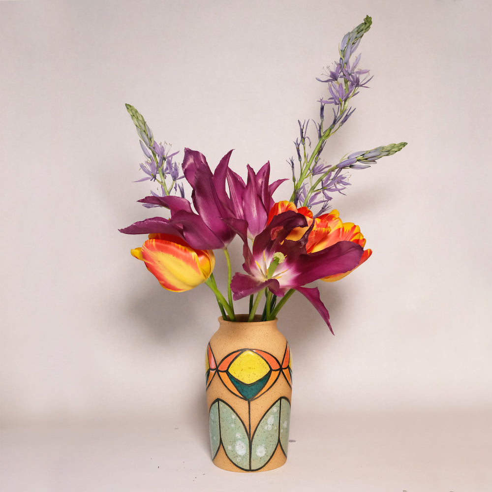 Glazed Stoneware Vase with Cat Eye Flower Pattern