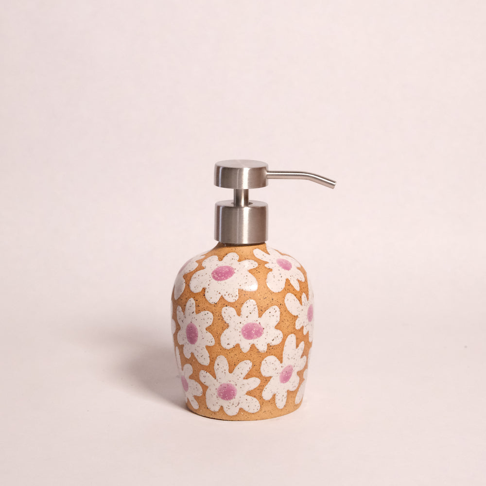 Glazed Stoneware Soap Dispenser with Flower Pattern