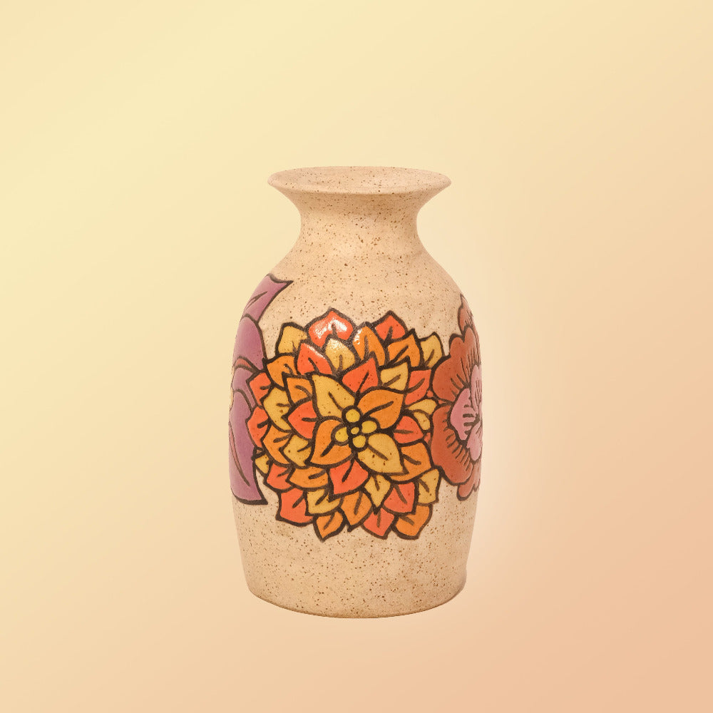 Glazed Stoneware Vase with Mixed Flower Pattern