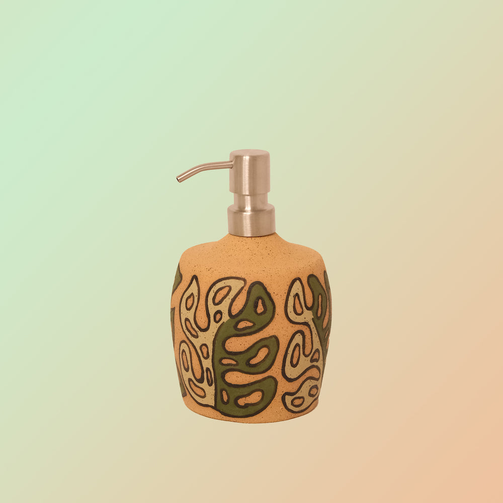 Glazed Stoneware Soap Dispenser with Monstera Pattern