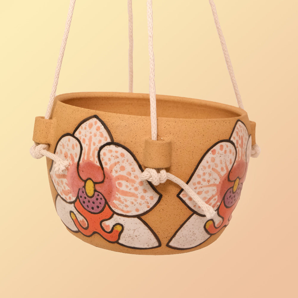 stoneware hanging planter Glazed Stoneware Hanging Planter with Orchid Pattern