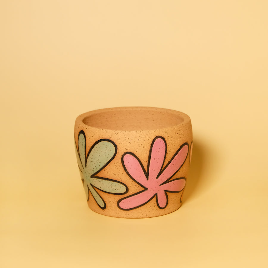 Glazed Stoneware Planter with Flower Pattern