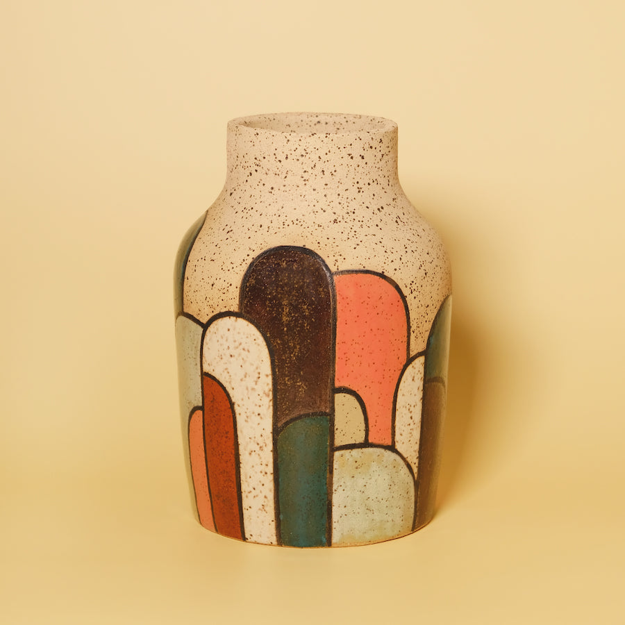 Glazed Stoneware Vase with Arch Pattern