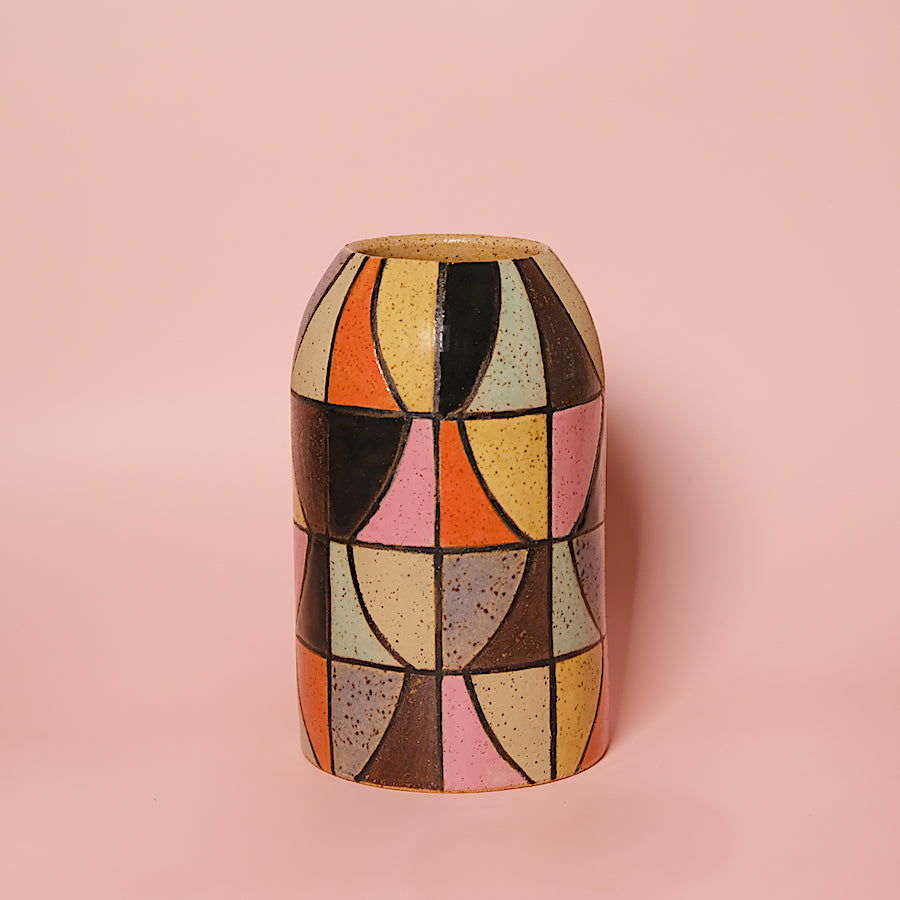 Glazed Stoneware Vase with Tile Pattern