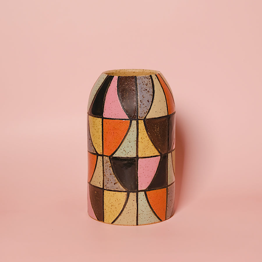 Glazed Stoneware Vase with Tile Pattern