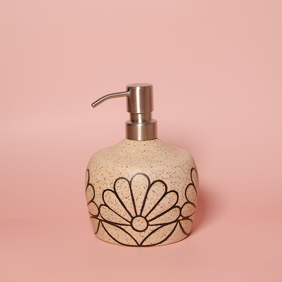 Made-To-Order Glazed Stoneware Soap Dispenser with Flower Pattern
