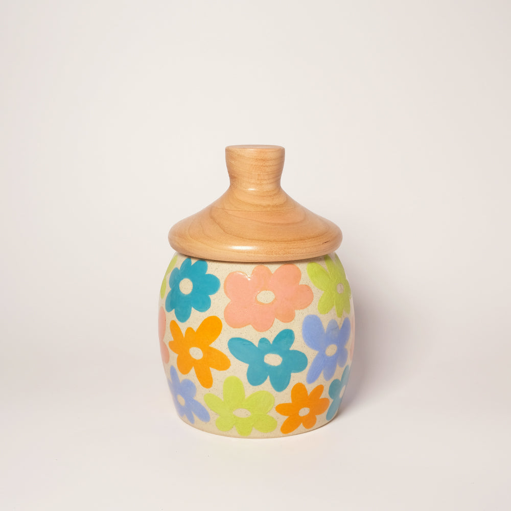 Glazed Stoneware Jar with Colorful Flower Pattern (1)