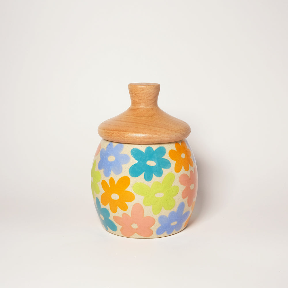 Glazed Stoneware Jar with Colorful Flower Pattern (2)