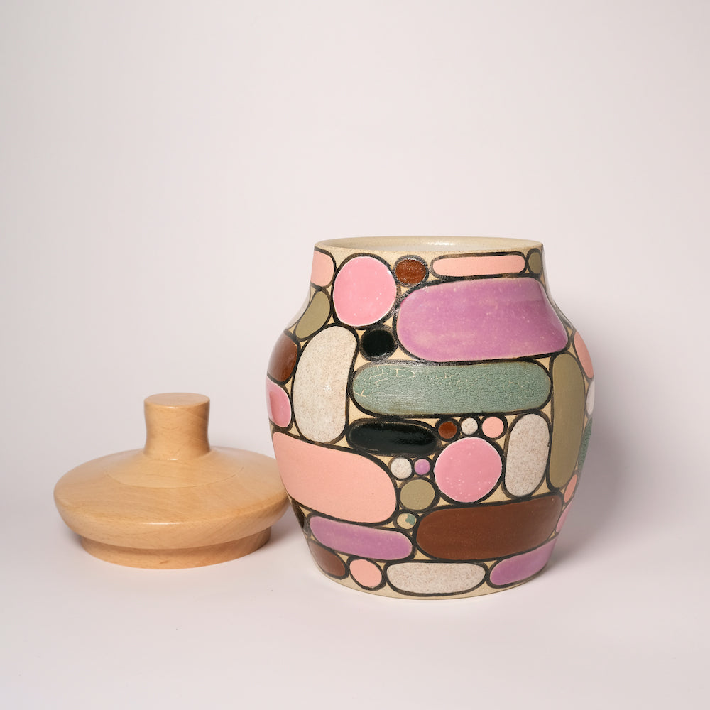 Glazed Stoneware Jar with Oval and Circle Pattern