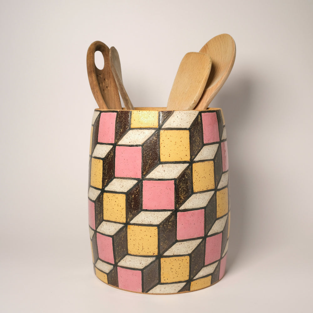 Made-To-Order Glazed Stoneware Utensil Holder with Cube Pattern