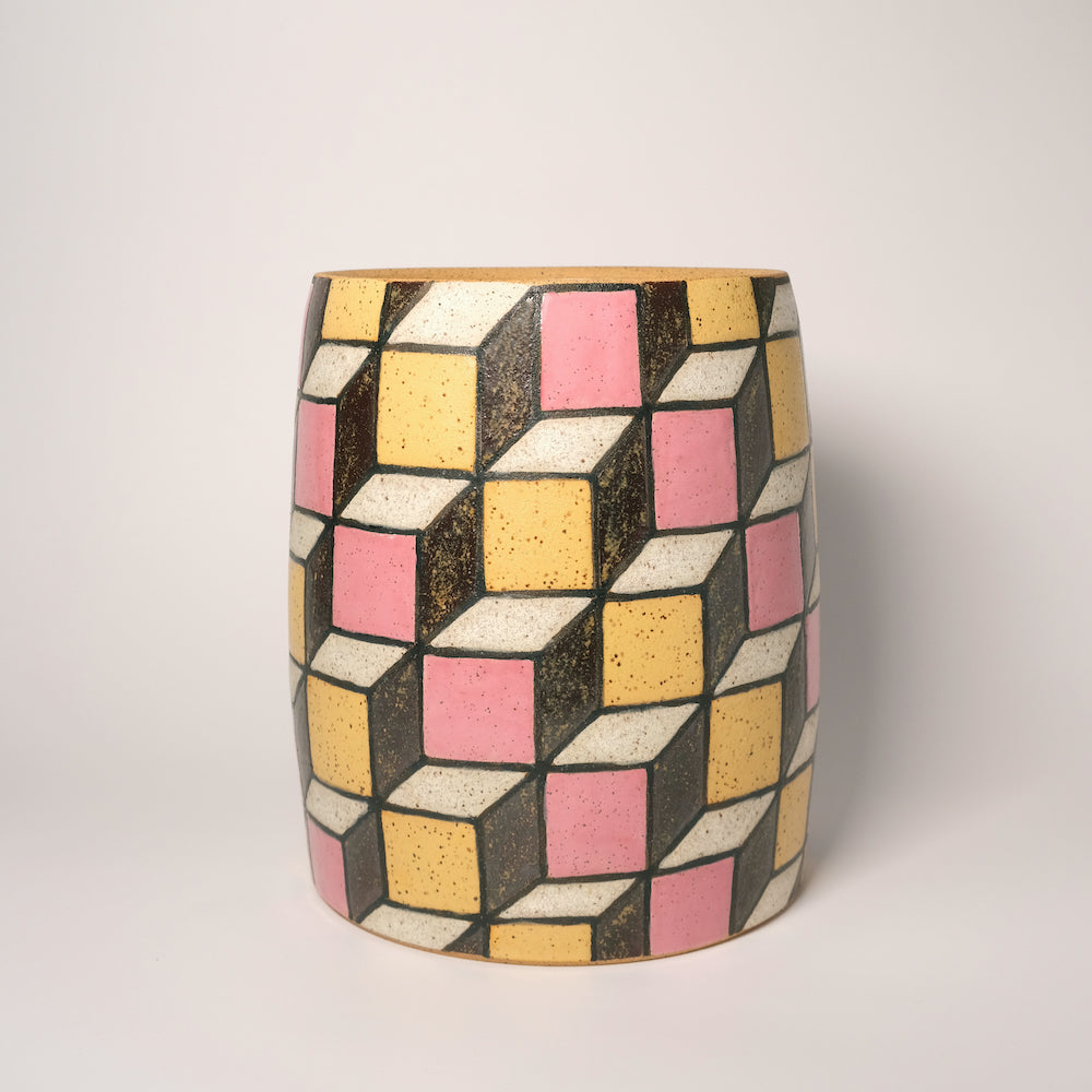 Glazed Stoneware Utensil Holder with Cube Pattern
