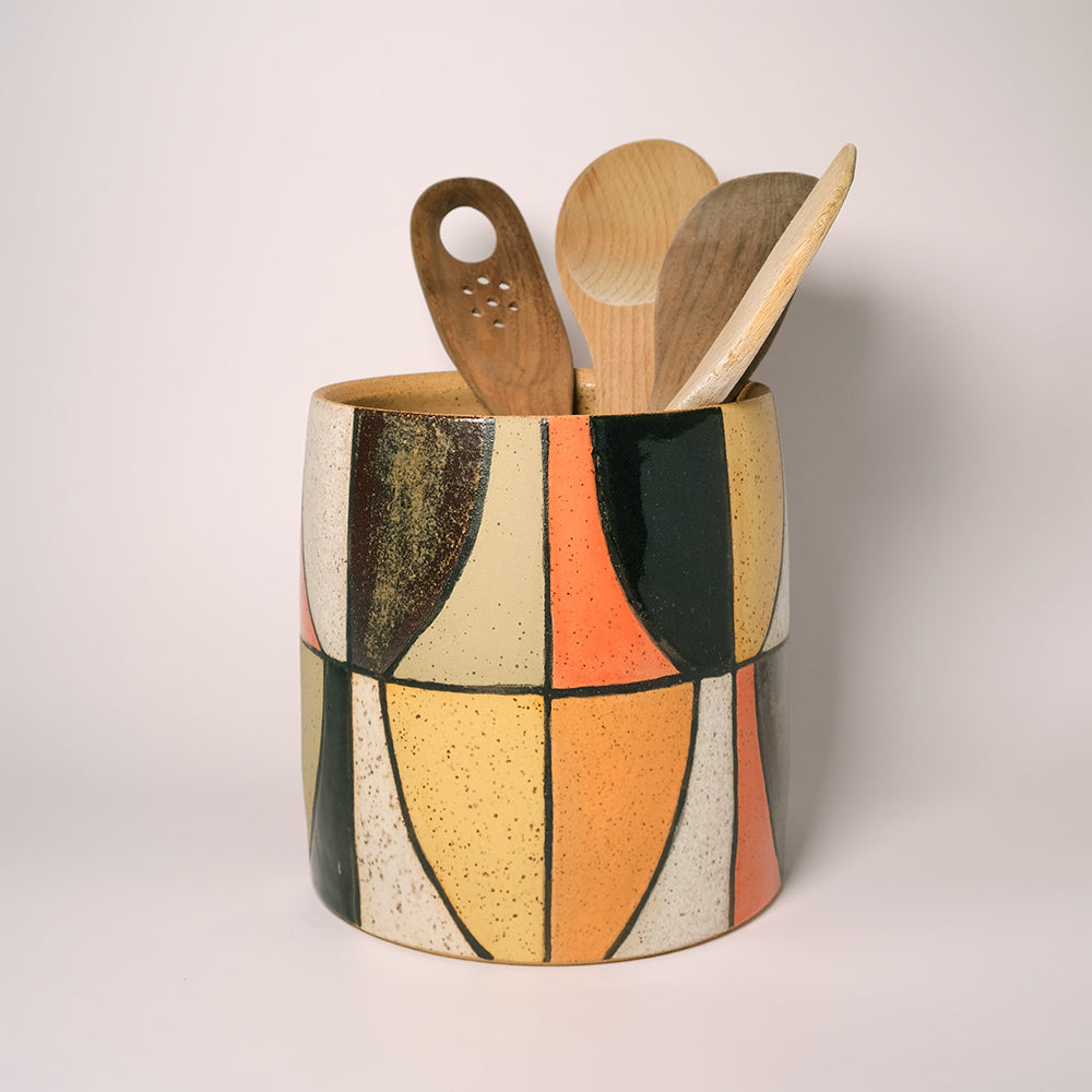 Made-To-Order Glazed Stoneware Utensil Holder with Mid Century Tile Pattern