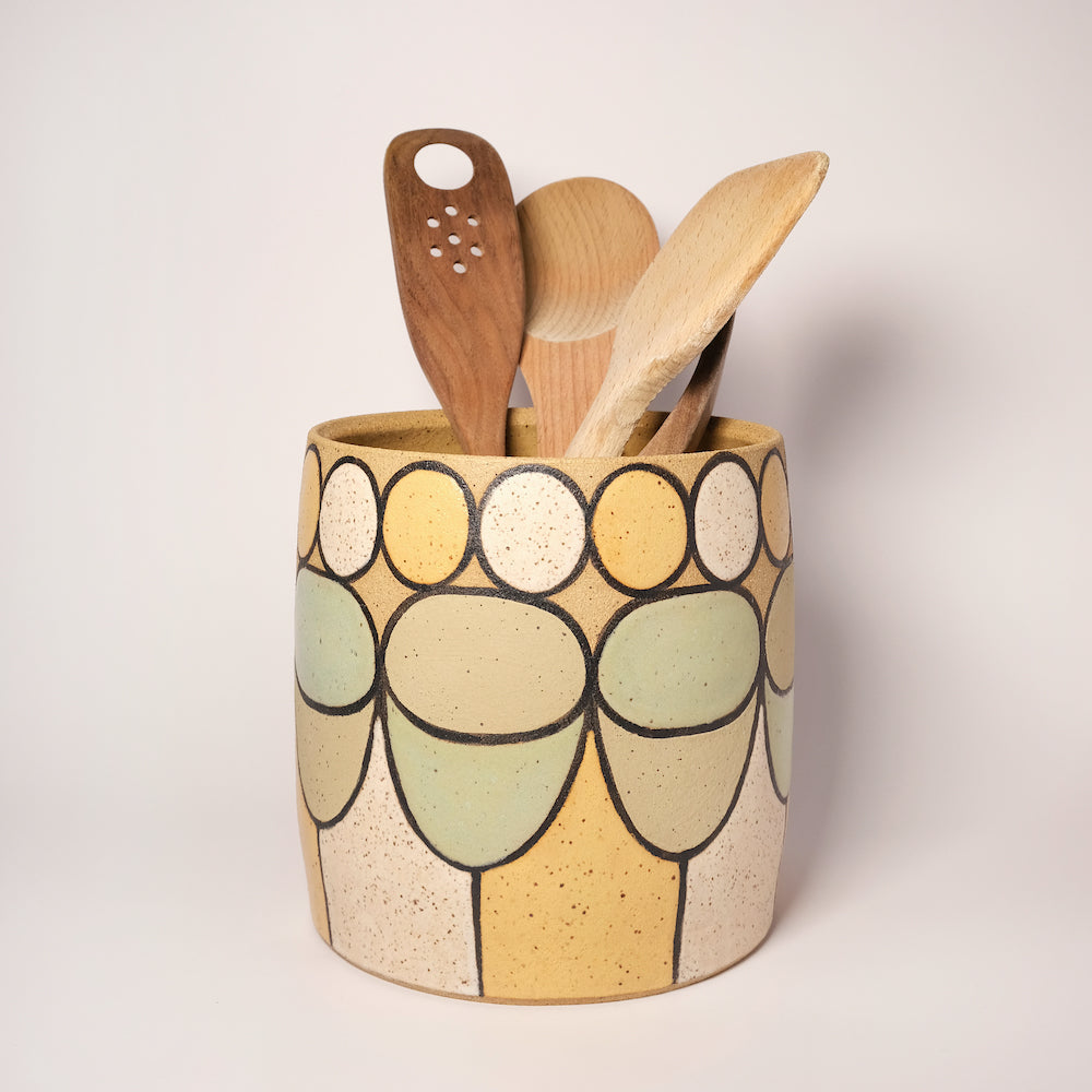 Glazed Stoneware Utensil Holder with Circle and Oval Pattern