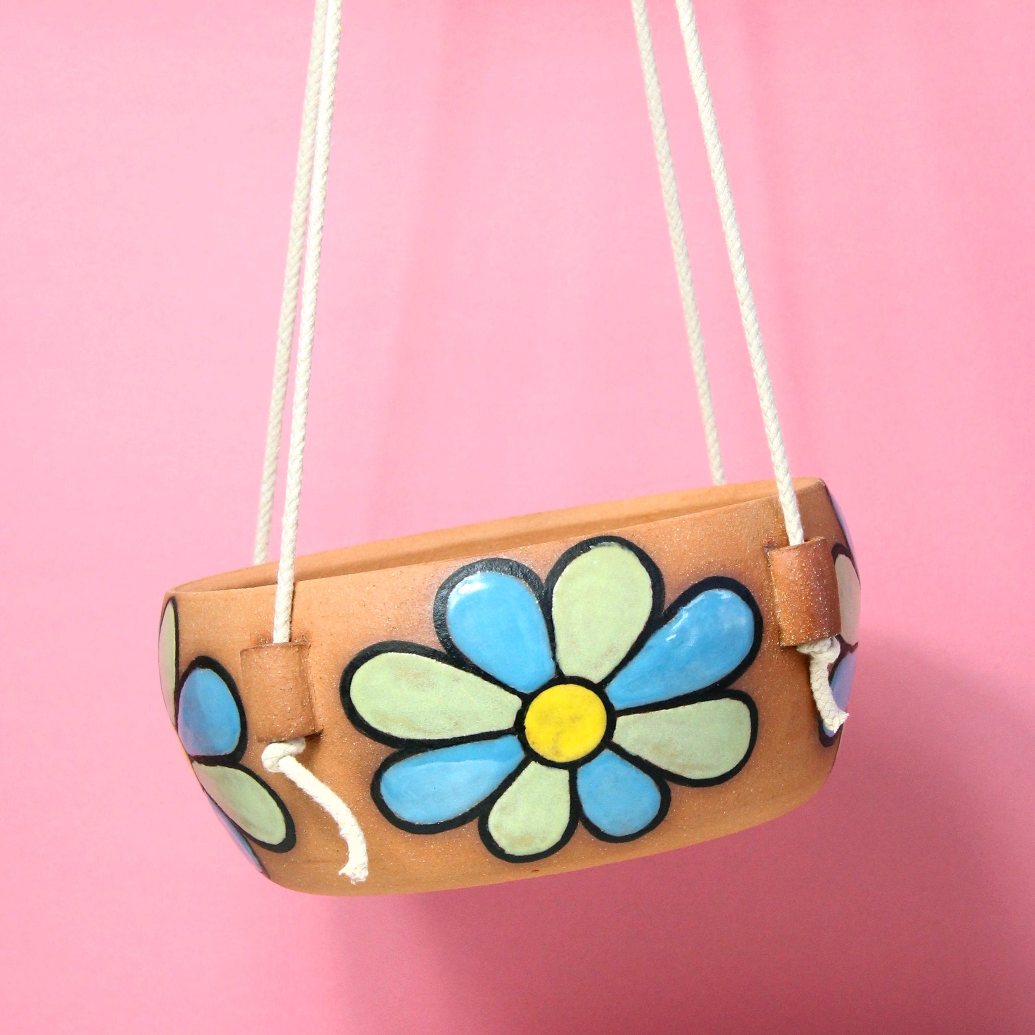 Made-to-Order Glazed Stoneware Hanging Planter with Flower Pattern
