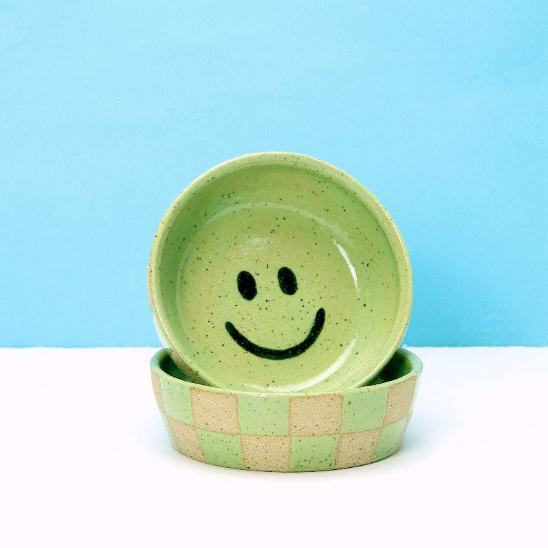 Made-To-Order Glazed Stoneware Smiley Kitty Bowl/Catch All with Checker Pattern