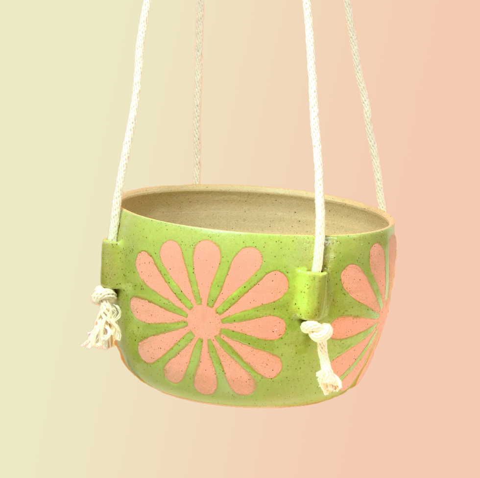 Made-to-Order Glazed Stoneware Hanging Pot with Mod Flower Pattern