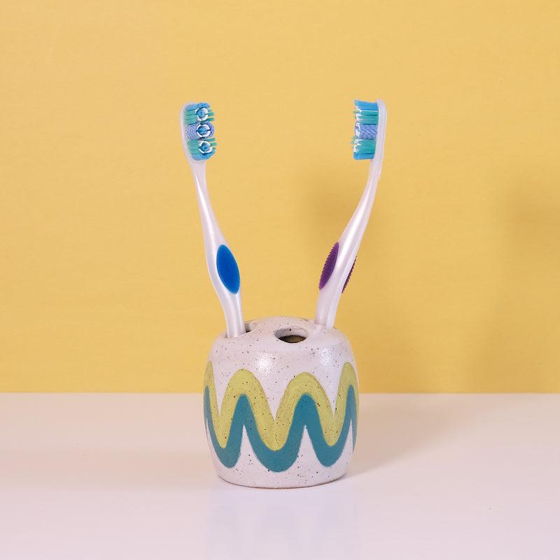 Glazed Stoneware Toothbrush Holder Wavy Stripe Pattern