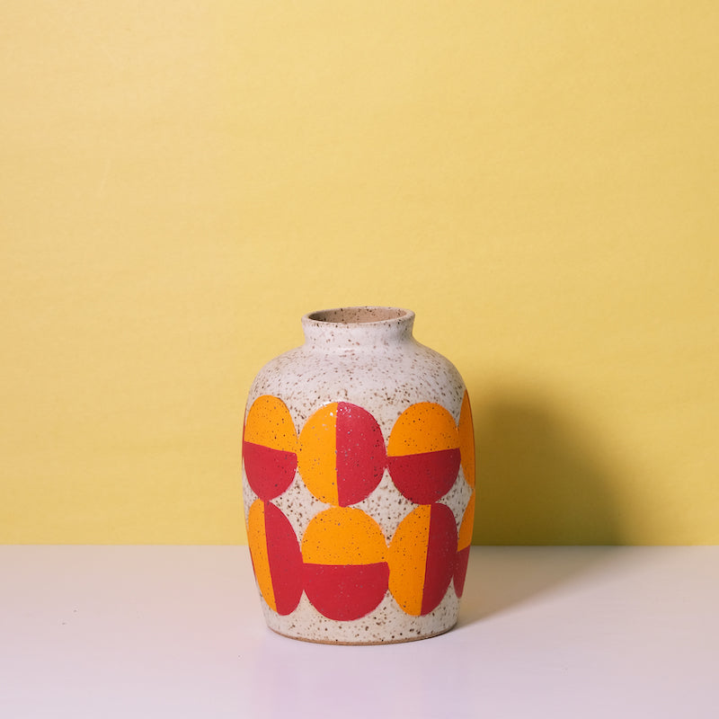 Glazed Stoneware Vase with Op Art Circle Pattern