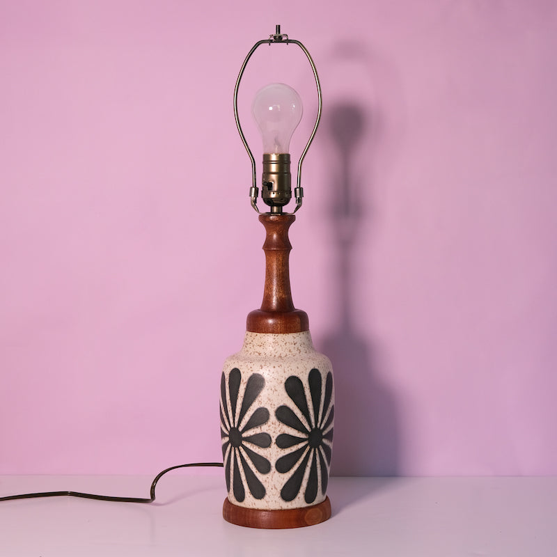 Glazed Stoneware Table Lamp with Mod Flower Pattern