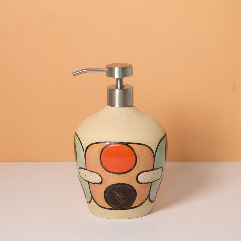 Glazed Stoneware Soap Dispenser with Circle and Oval Pattern