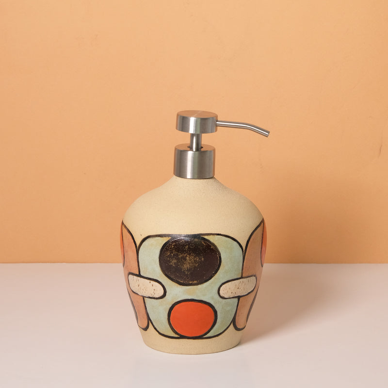 Glazed Stoneware Soap Dispenser with Circle and Oval Pattern