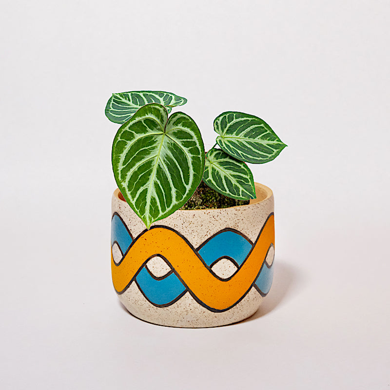 Glazed Stoneware Planter with Overlapping Wave Pattern