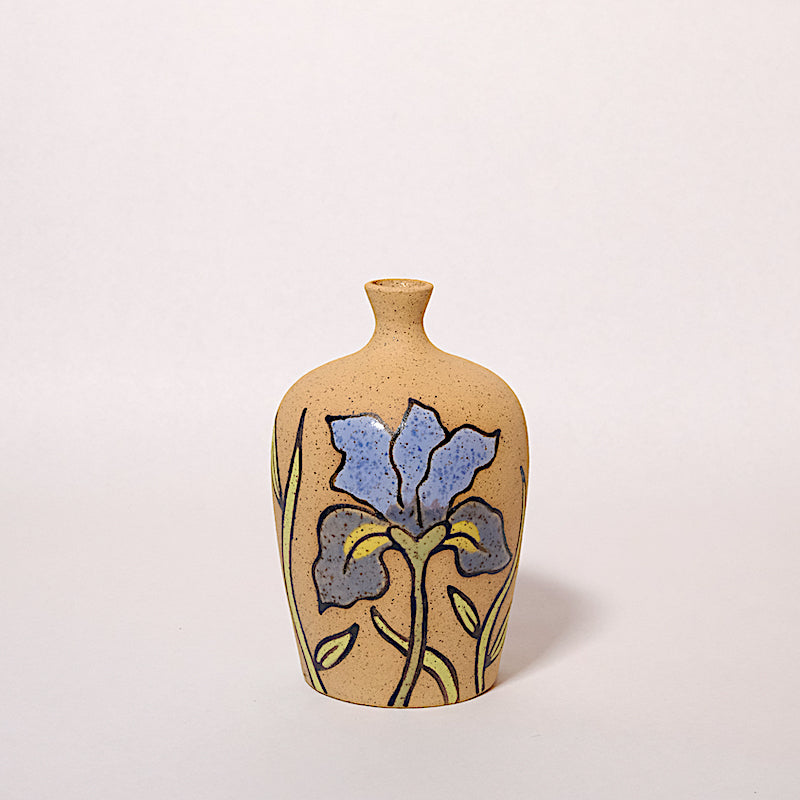 Glazed Stoneware Bud Vase with Iris Pattern