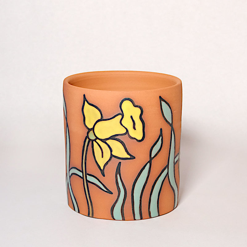 Glazed Stoneware Planter with Daffodil Pattern
