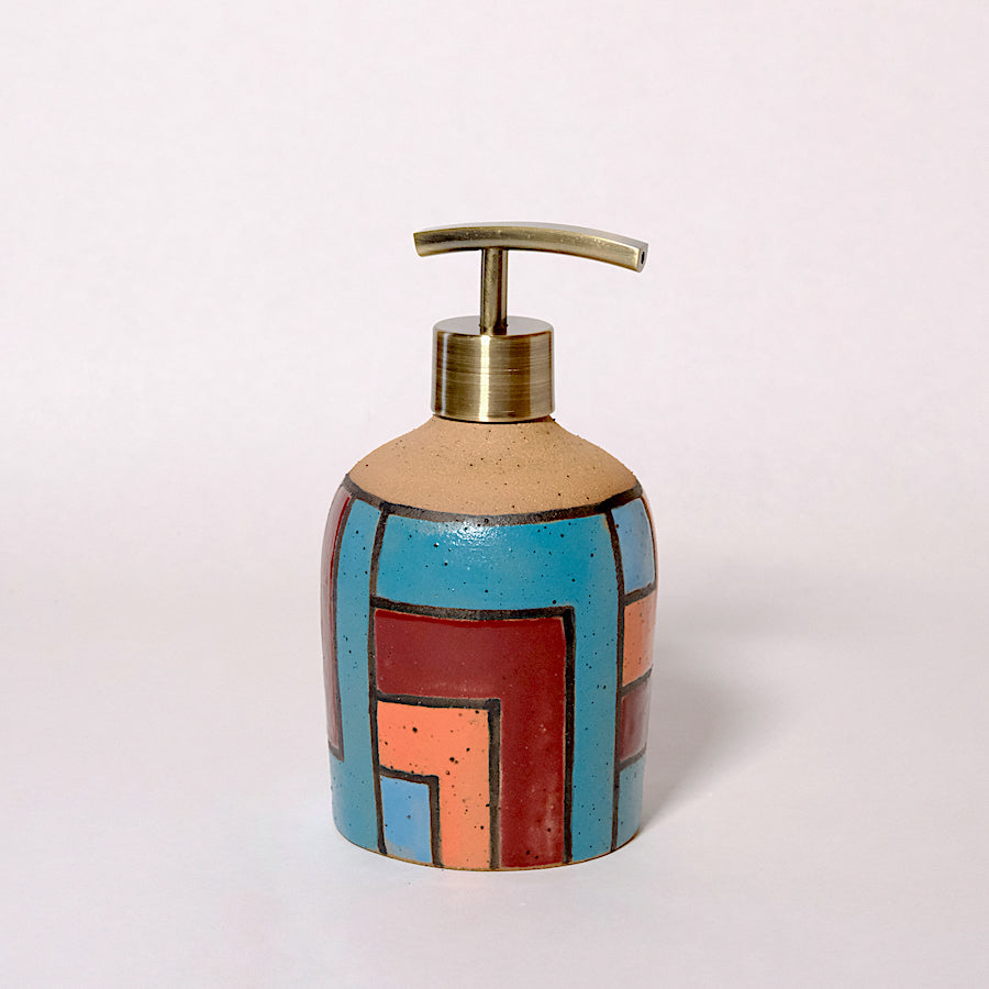 Glazed Stoneware Soap Dispenser with Nested Square Pattern