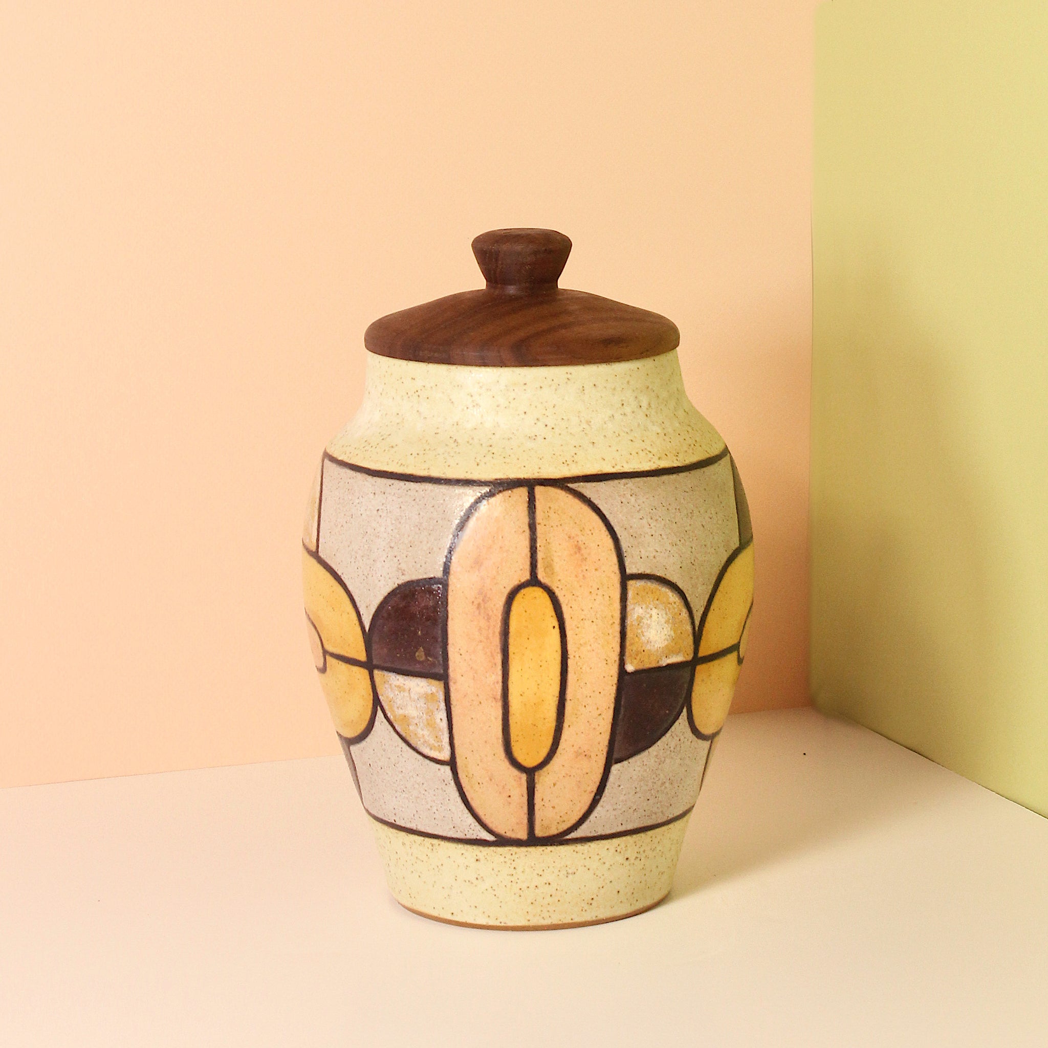 Glazed Stoneware Jar with Art Deco Oval Pattern