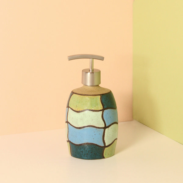 Glazed Stoneware Soap Dispenser with Wavy Brick Pattern