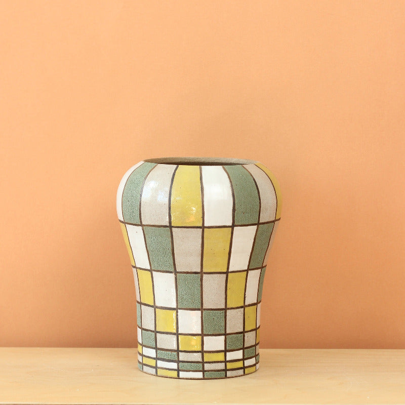Glazed Stoneware Vase with Rectangle Pattern