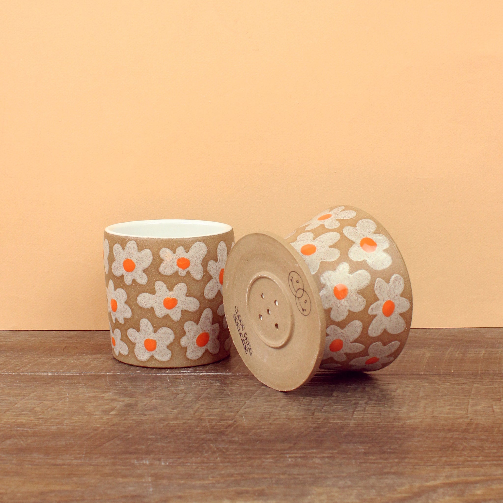 Glazed Stoneware Pour-Over/Tumbler Set with Flower Pattern