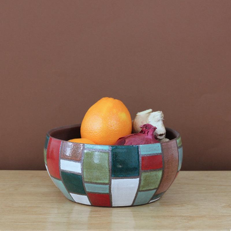 Glazed Stoneware Bowl with Brick Pattern