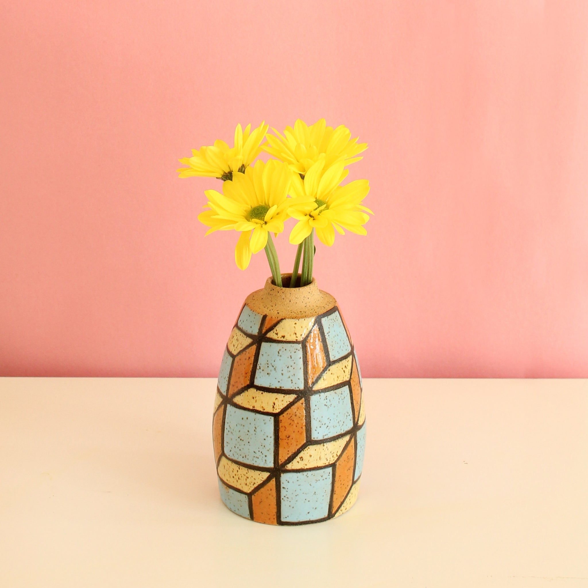 Glazed Stoneware Bud Vase with Cube Pattern