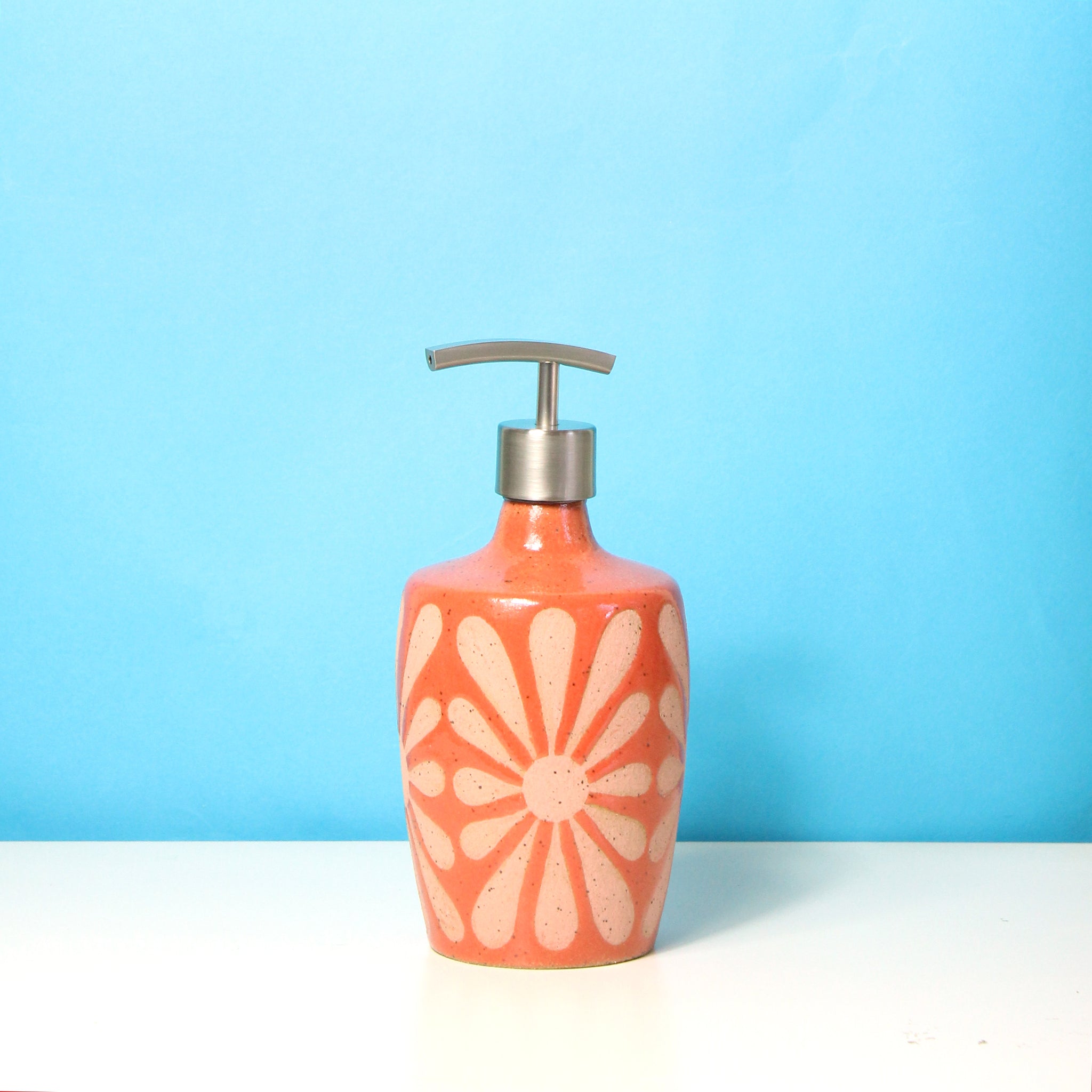 Glazed Stoneware Soap Dispenser with Mod Flower Pattern