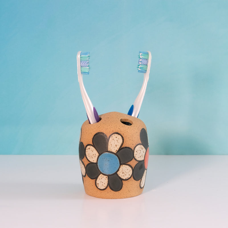 Made-to-Order Glazed Stoneware Toothbrush Holder Flower Pattern