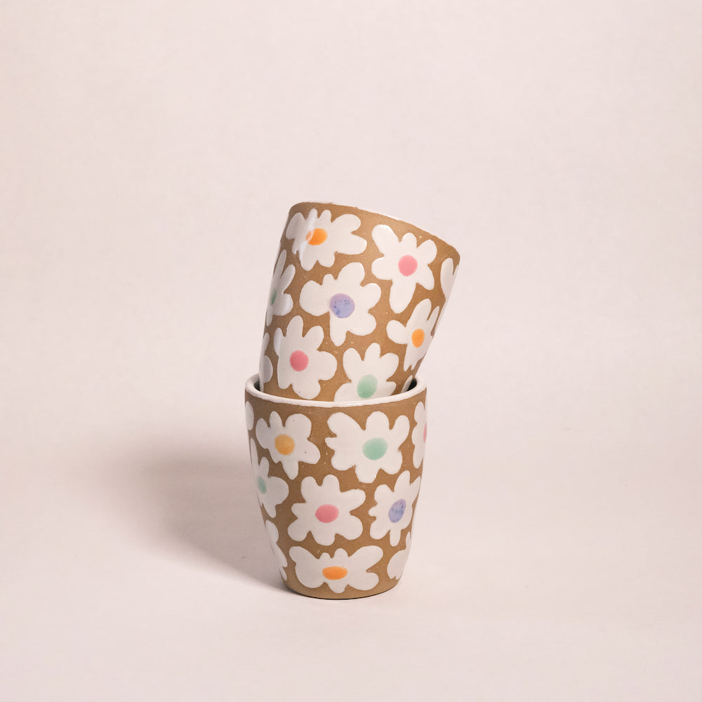 Glazed Stoneware Lowball Tumbler with Flower Pattern