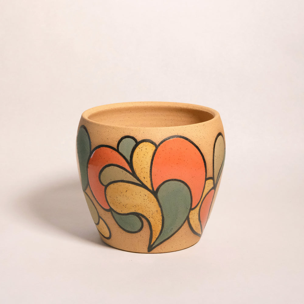 Glazed Stoneware Planter with Abstract Foliage Pattern