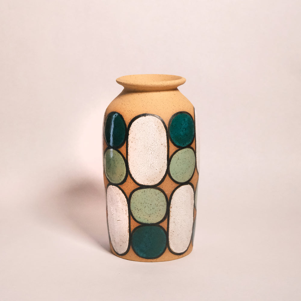 Glazed Stoneware Vase with Oval and Circle Pattern