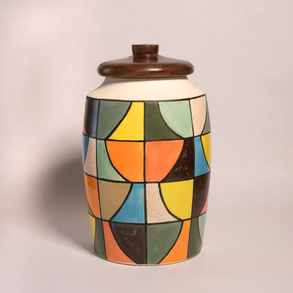 Glazed Stoneware Jar with Mid Century Tile Pattern