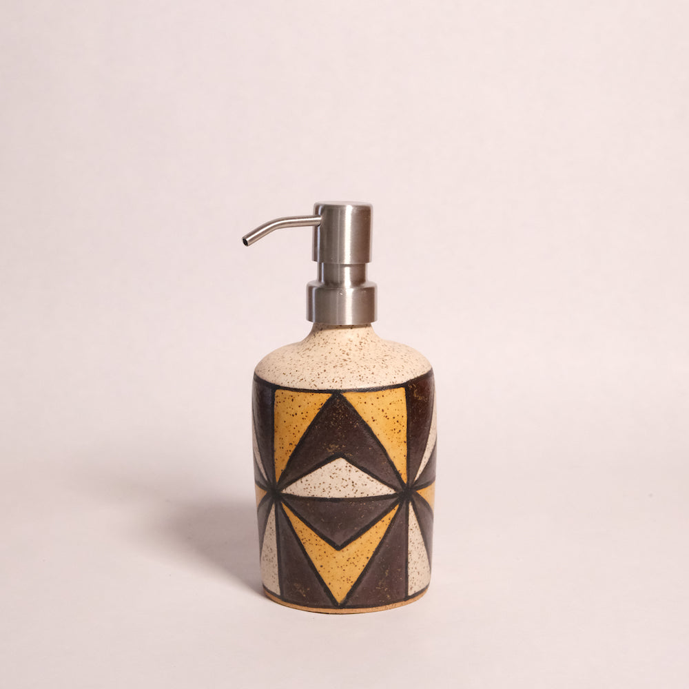 Glazed Stoneware Soap Dispenser with Diamond Pattern