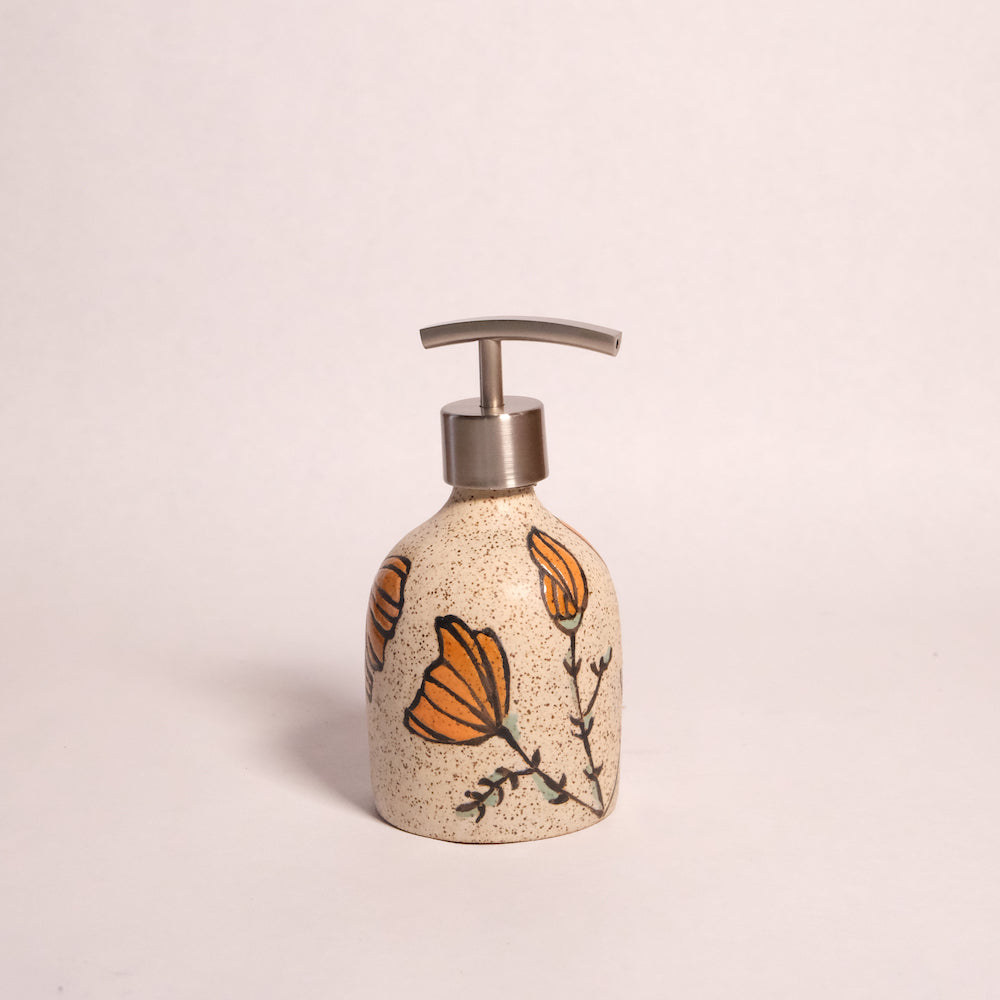 Glazed Stoneware Soap Dispenser with Poppy Pattern