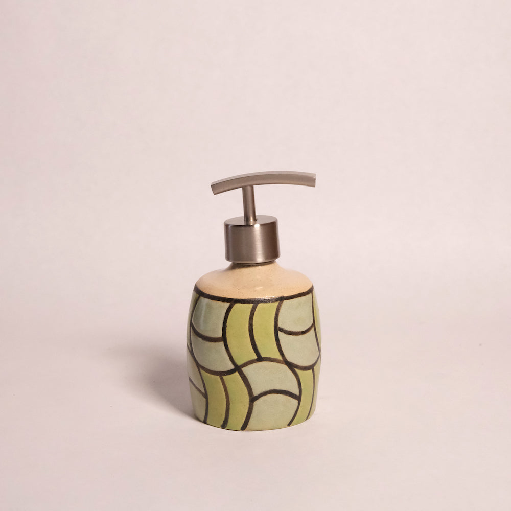 Glazed Stoneware Soap Dispenser with Wavy Checker Pattern