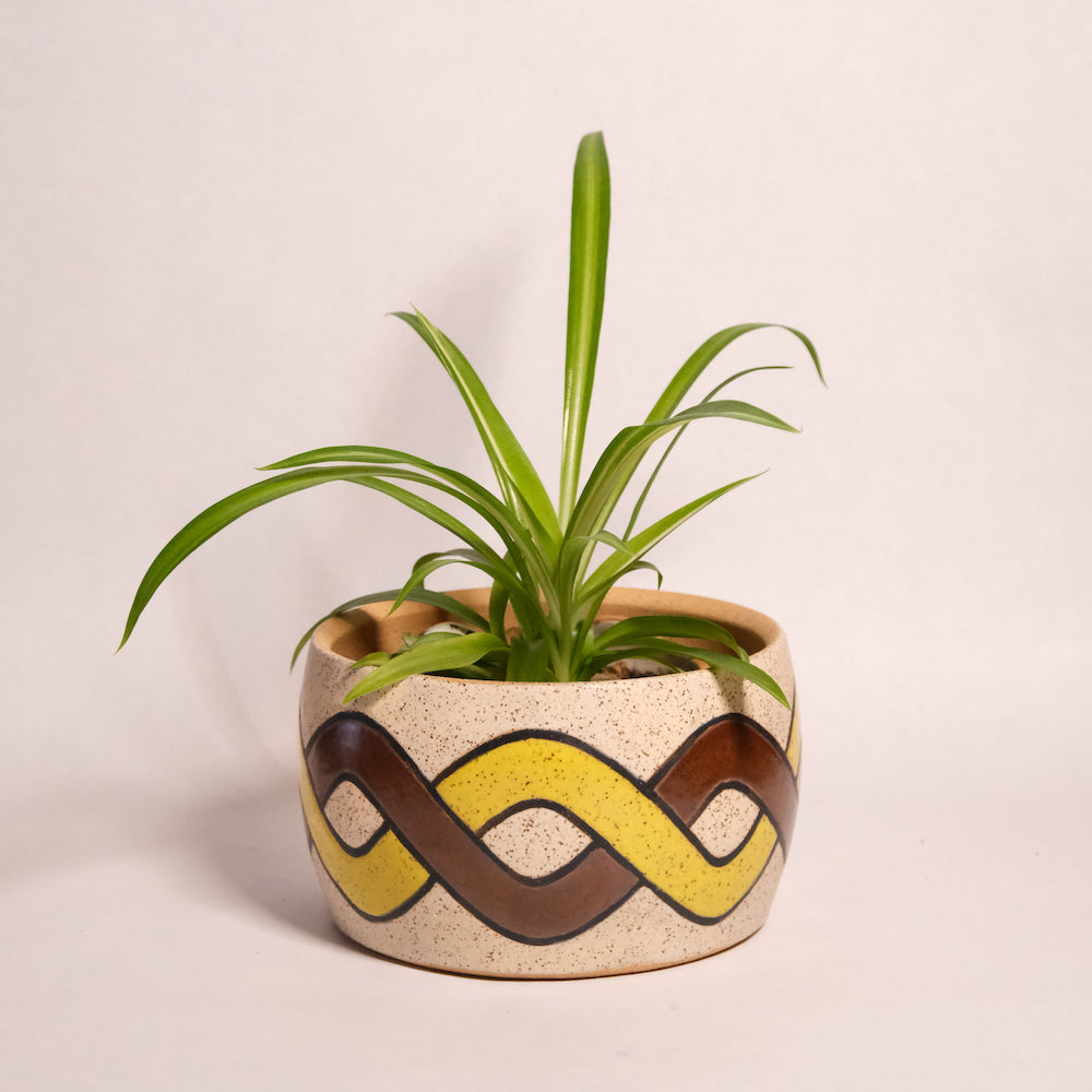 Glazed Stoneware Planter with Overlapping Wave Pattern