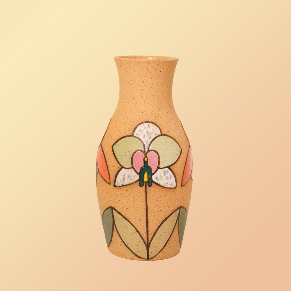 Glazed Stoneware Vase with Orchid Pattern