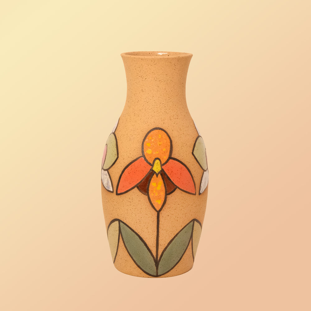 Glazed Stoneware Vase with Orchid Pattern