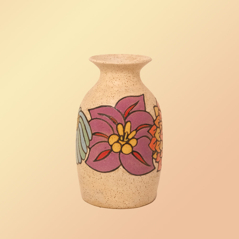 Glazed Stoneware Vase with Mixed Flower Pattern