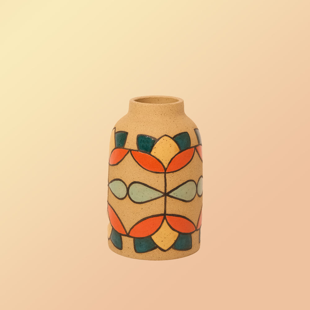 Glazed Stoneware Vase with Geometric Flower Pattern
